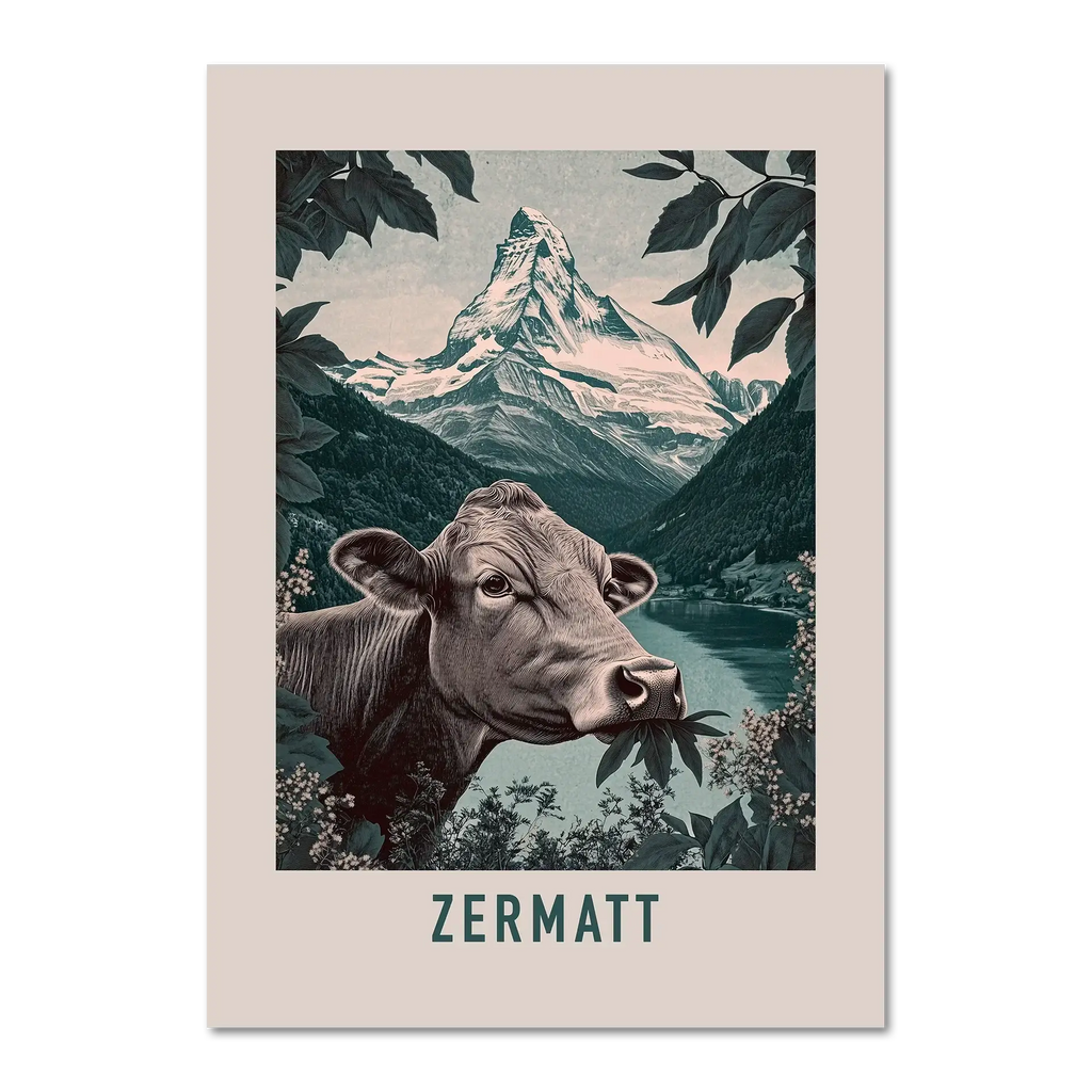 The Essence of Zermatt - Poster featuring a cow and the Matterhorn over a peaceful alpine lake.