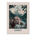 The Essence of Zermatt - Poster featuring a cow and the Matterhorn over a peaceful alpine lake.