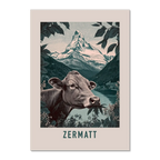 The Essence of Zermatt - Poster featuring a cow and the Matterhorn over a peaceful alpine lake.