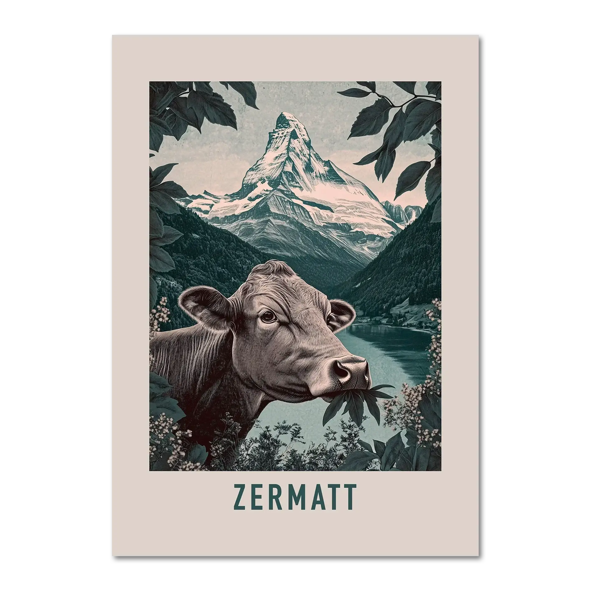 The Essence of Zermatt - Poster featuring a cow and the Matterhorn over a peaceful alpine lake.
