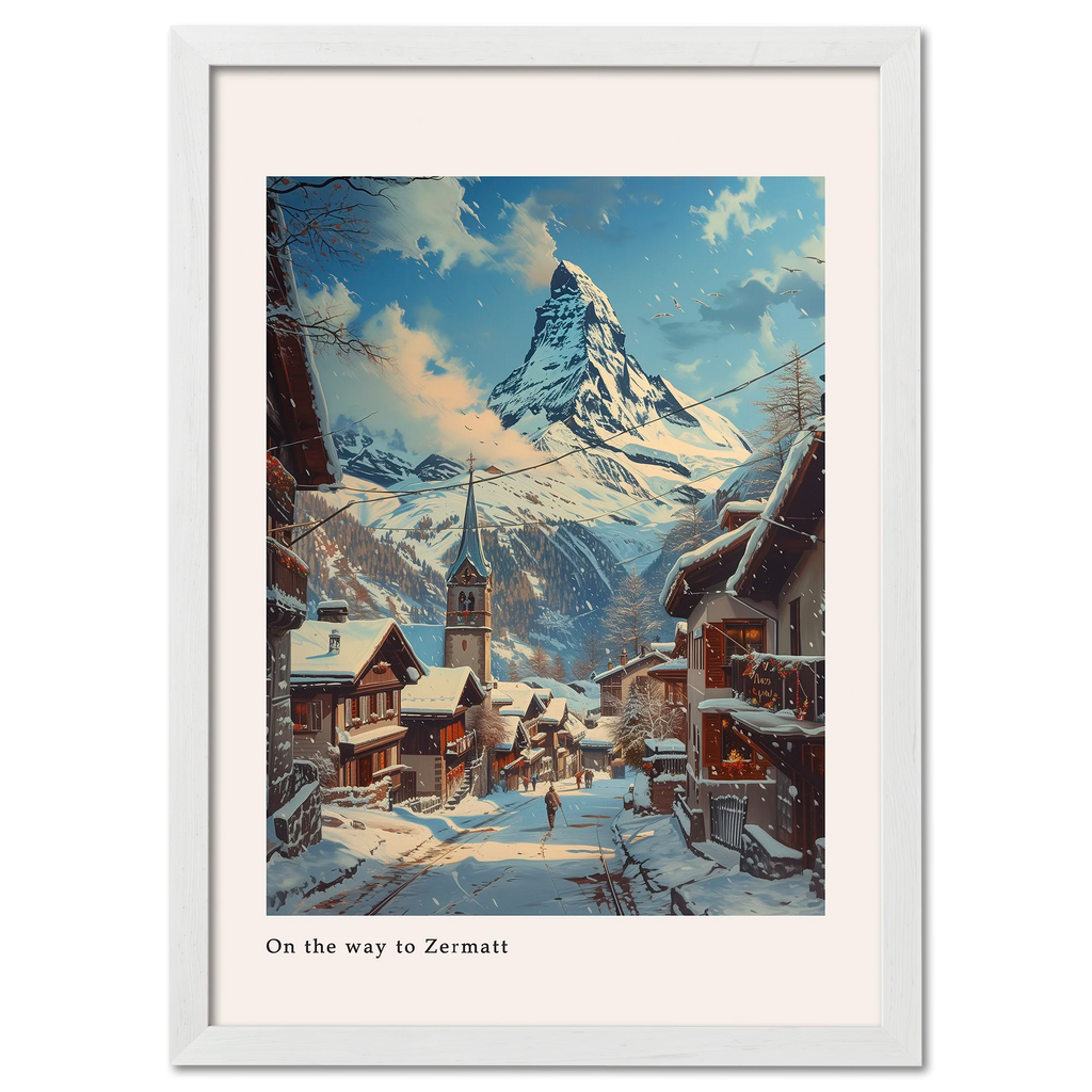 Zermatt - Poster depicting a snowy street leading towards Zermatt with the Matterhorn in the background.