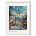 Zermatt - Poster depicting a snowy street leading towards Zermatt with the Matterhorn in the background.