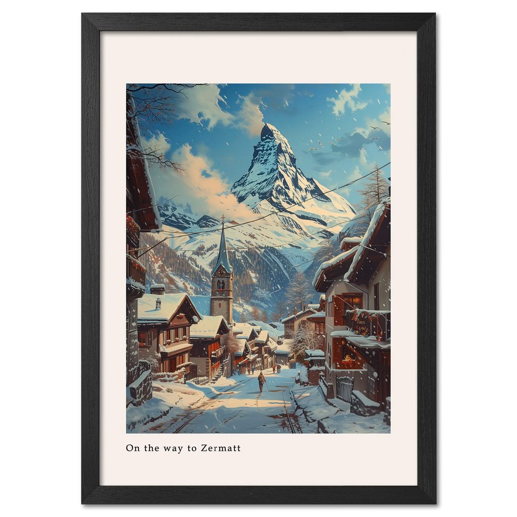 Zermatt - Poster depicting a winter street with the Matterhorn over the village, creating a cozy alpine scene.