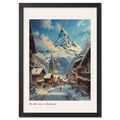 Zermatt - Poster depicting a winter street with the Matterhorn over the village, creating a cozy alpine scene.
