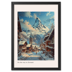 Zermatt - Poster depicting a winter street with the Matterhorn over the village, creating a cozy alpine scene.