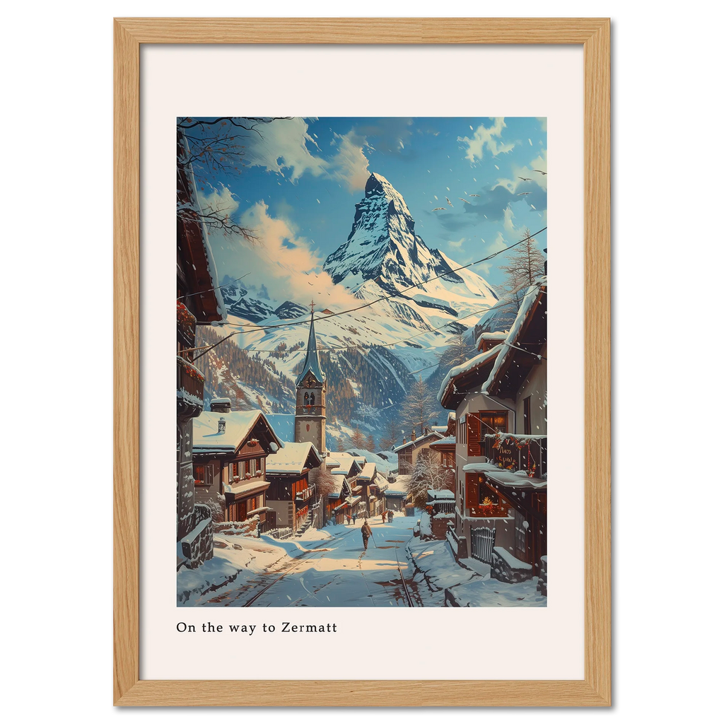 Zermatt - Poster showcasing a winter street scene with Matterhorn, cozy alpine atmosphere and soft light.