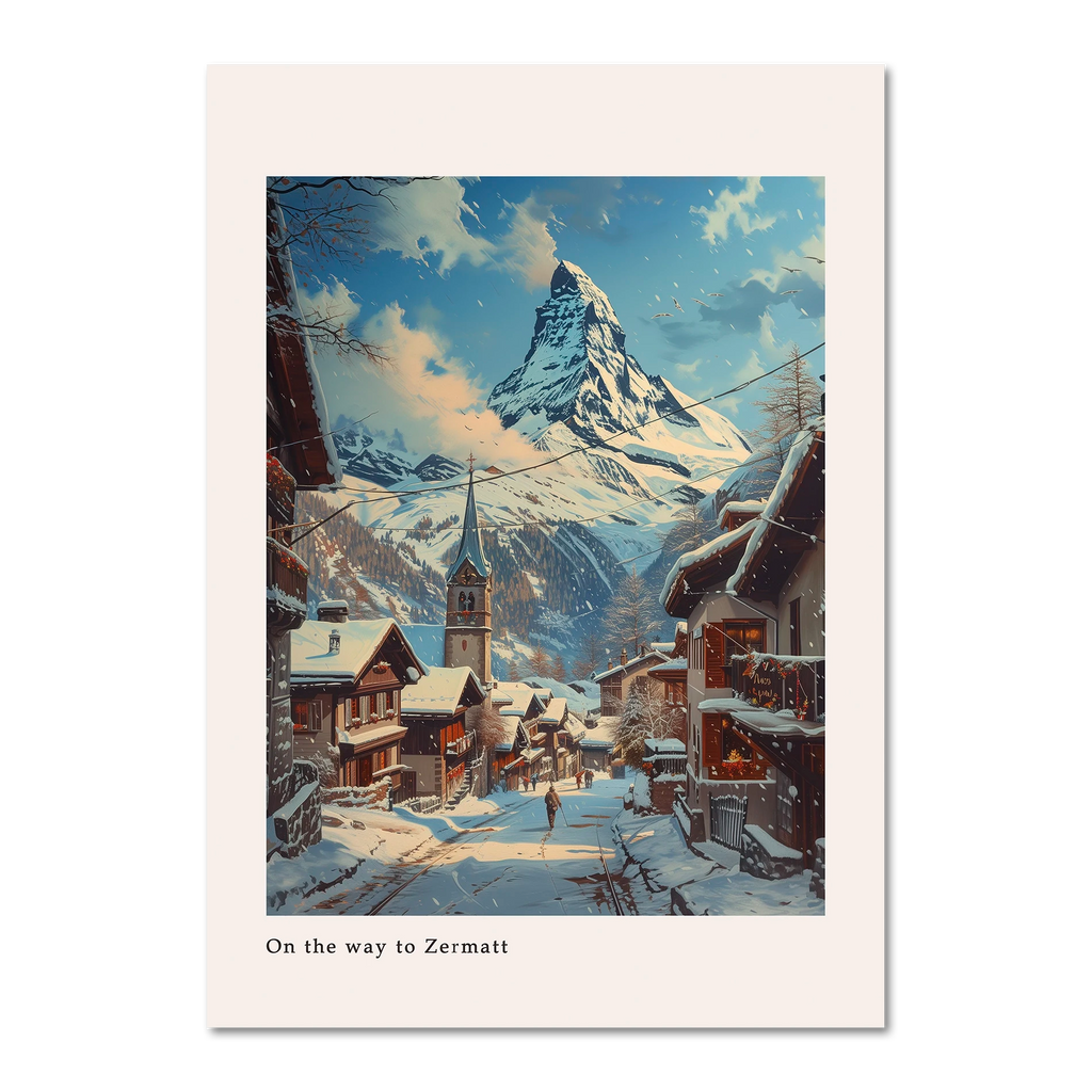 Zermatt - Poster featuring a winter street with the Matterhorn and cozy alpine houses, creating a charming atmosphere.