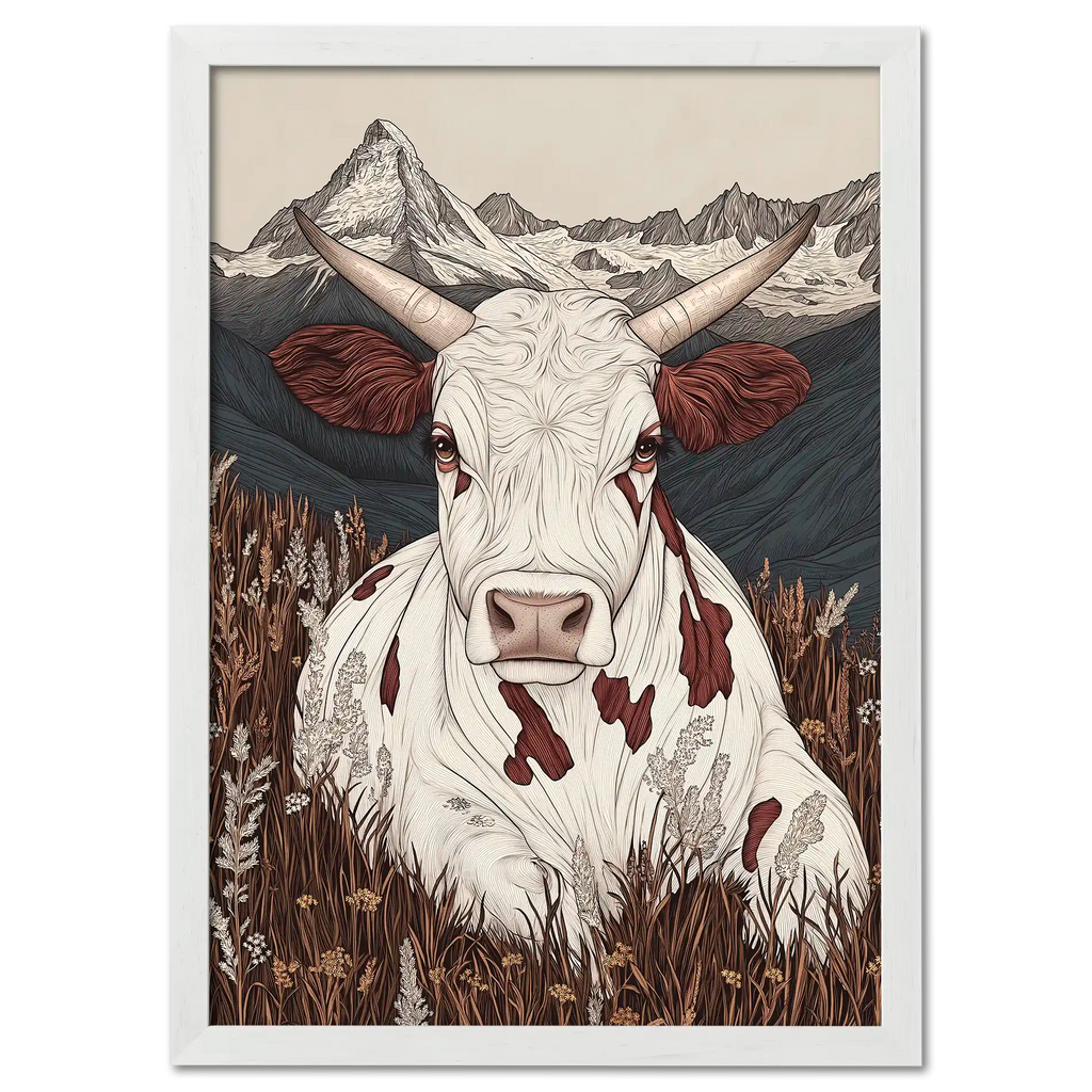 Zermatt’s Mountain Muse - Poster featuring a serene alpine cow in a wildflower meadow with the Matterhorn backdrop.