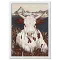 Zermatt’s Mountain Muse - Poster featuring a serene alpine cow in a wildflower meadow with the Matterhorn backdrop.