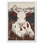 Zermatt’s Mountain Muse - Poster featuring a serene alpine cow in a wildflower meadow with the Matterhorn backdrop.