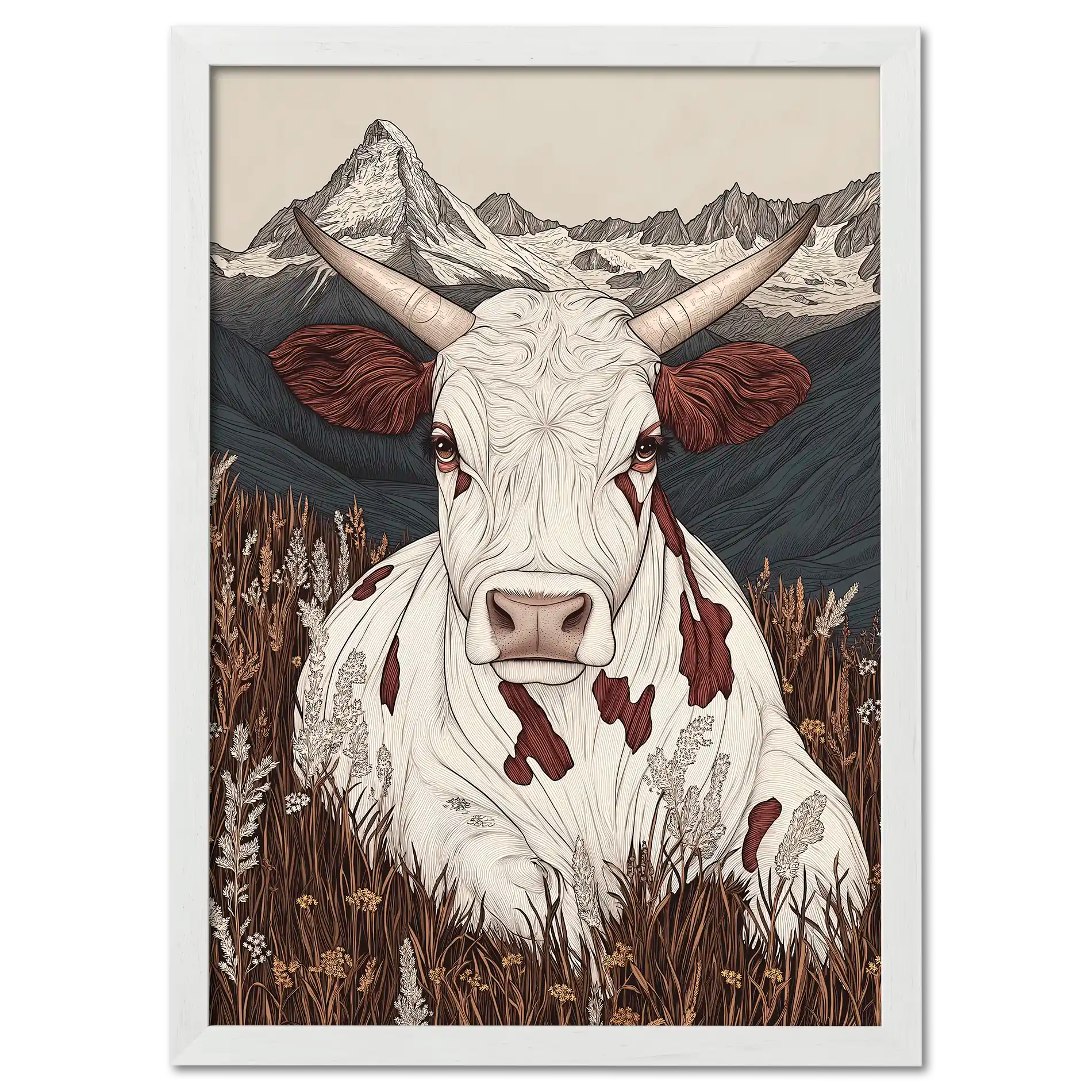 Zermatt’s Mountain Muse - Poster featuring a serene alpine cow in a wildflower meadow with the Matterhorn backdrop.