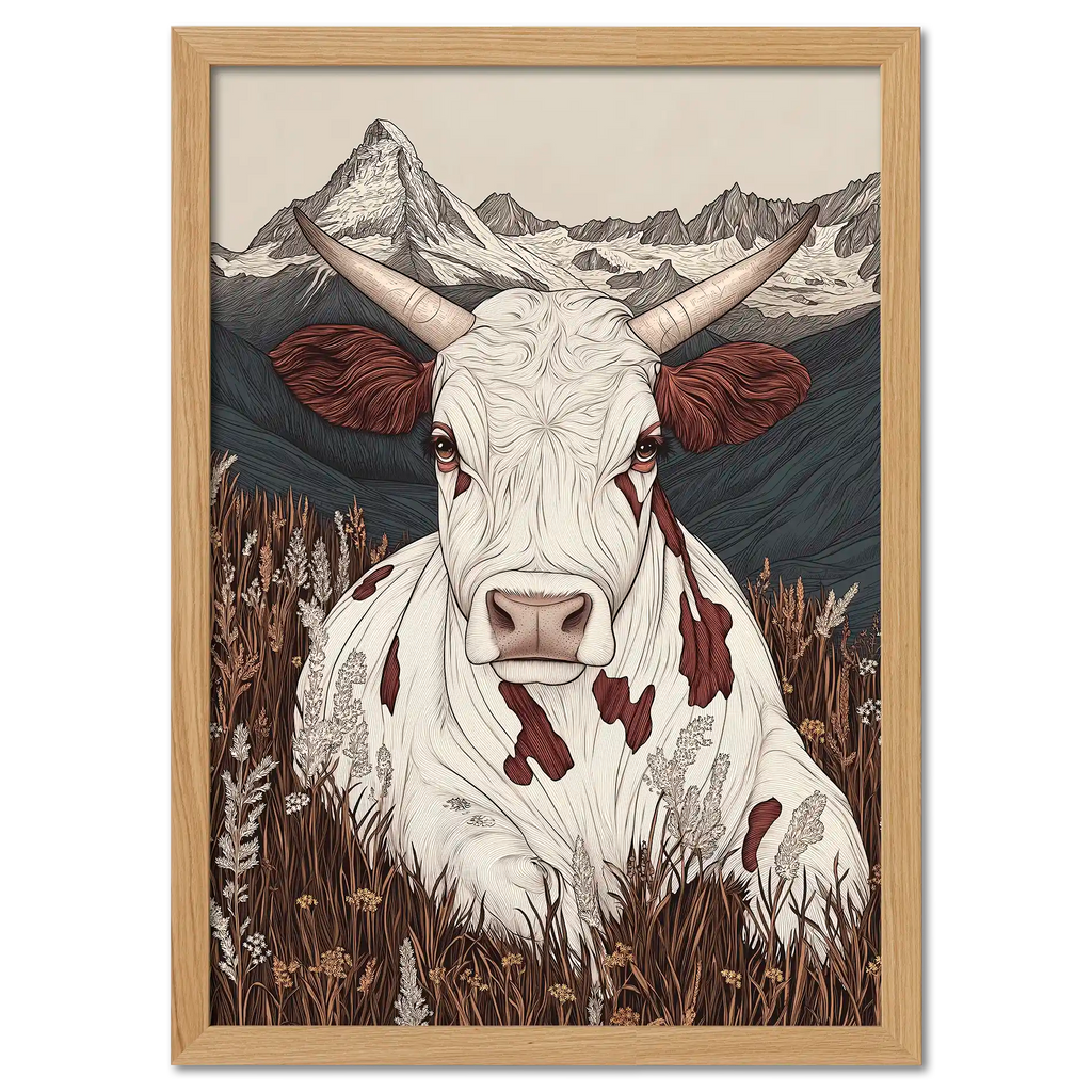 Zermatt’s Mountain Muse - Poster showcasing a serene alpine cow in a wildflower meadow with the Matterhorn in the background.