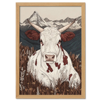 Zermatt’s Mountain Muse - Poster showcasing a serene alpine cow in a wildflower meadow with the Matterhorn in the background.