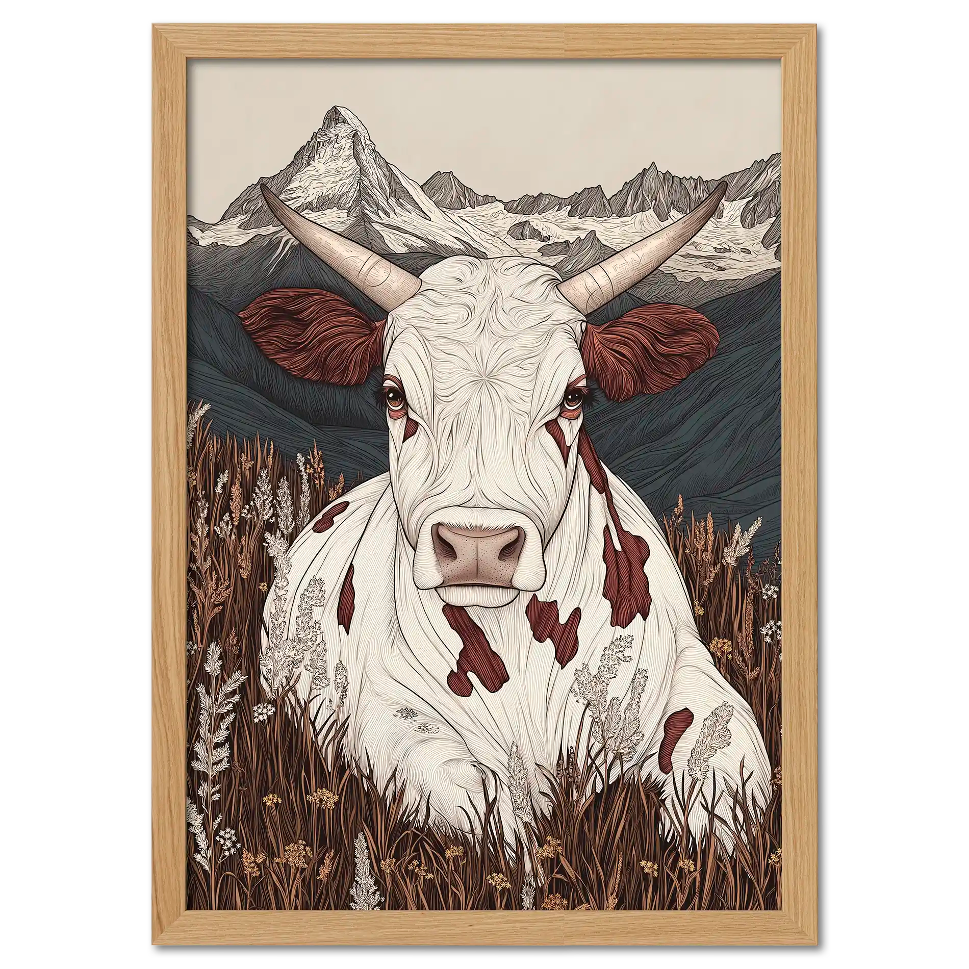 Zermatt’s Mountain Muse - Poster showcasing a serene alpine cow in a wildflower meadow with the Matterhorn in the background.