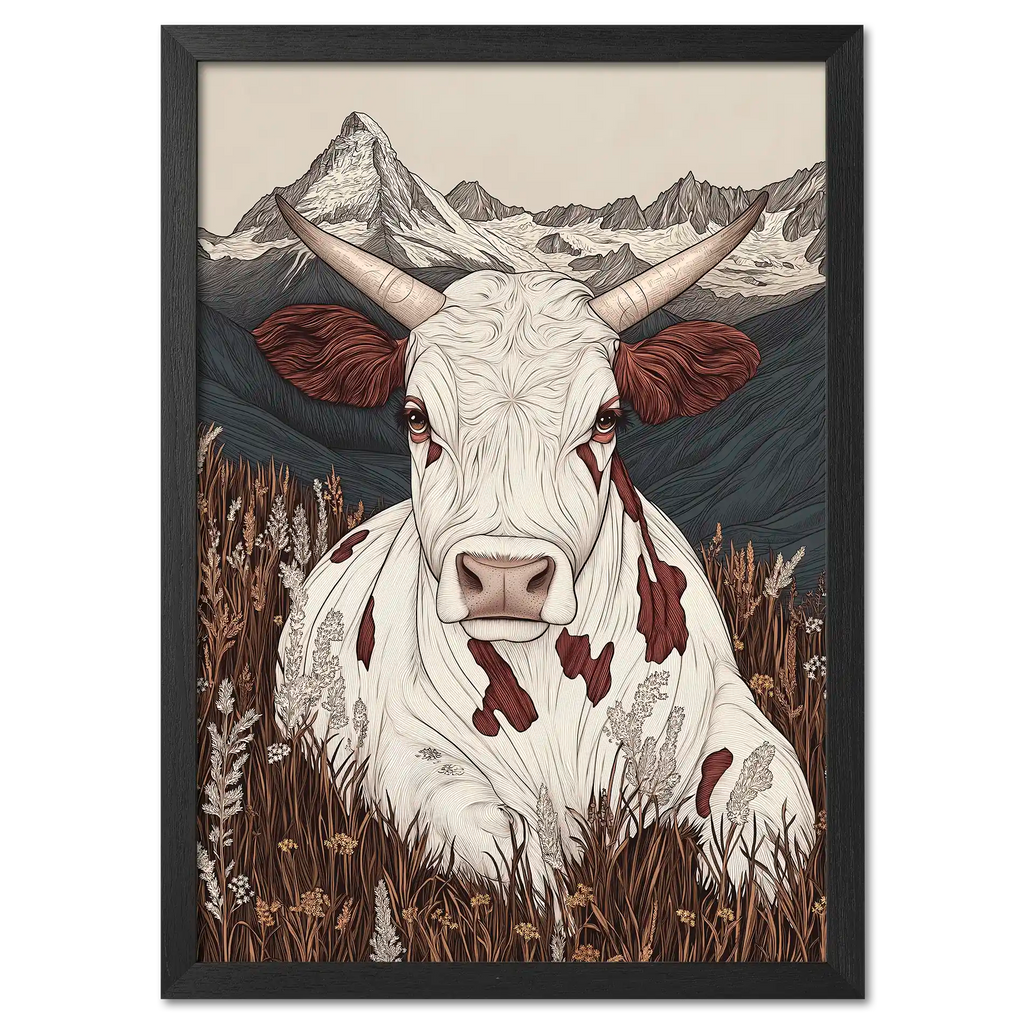 Zermatt’s Mountain Muse - Poster featuring a serene alpine cow in a wildflower meadow with the Matterhorn backdrop.