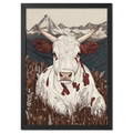 Zermatt’s Mountain Muse - Poster featuring a serene alpine cow in a wildflower meadow with the Matterhorn backdrop.