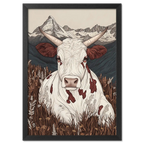 Zermatt’s Mountain Muse - Poster featuring a serene alpine cow in a wildflower meadow with the Matterhorn backdrop.