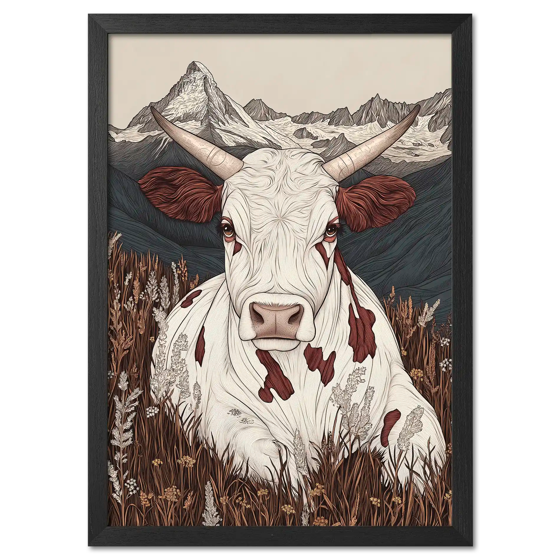 Zermatt’s Mountain Muse - Poster featuring a serene alpine cow in a wildflower meadow with the Matterhorn backdrop.
