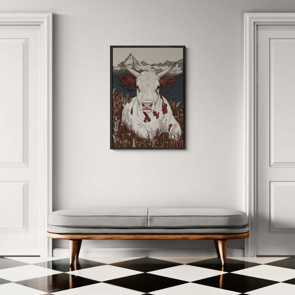 Zermatt’s Mountain Muse - Poster featuring an alpine cow in a serene meadow, capturing Swiss mountain beauty as wall art.
