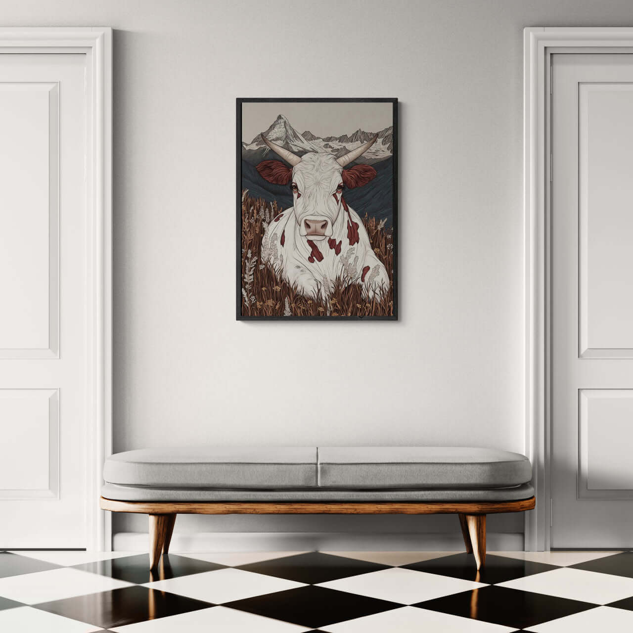 Zermatt’s Mountain Muse - Poster featuring an alpine cow in a serene meadow, capturing Swiss mountain beauty as wall art.