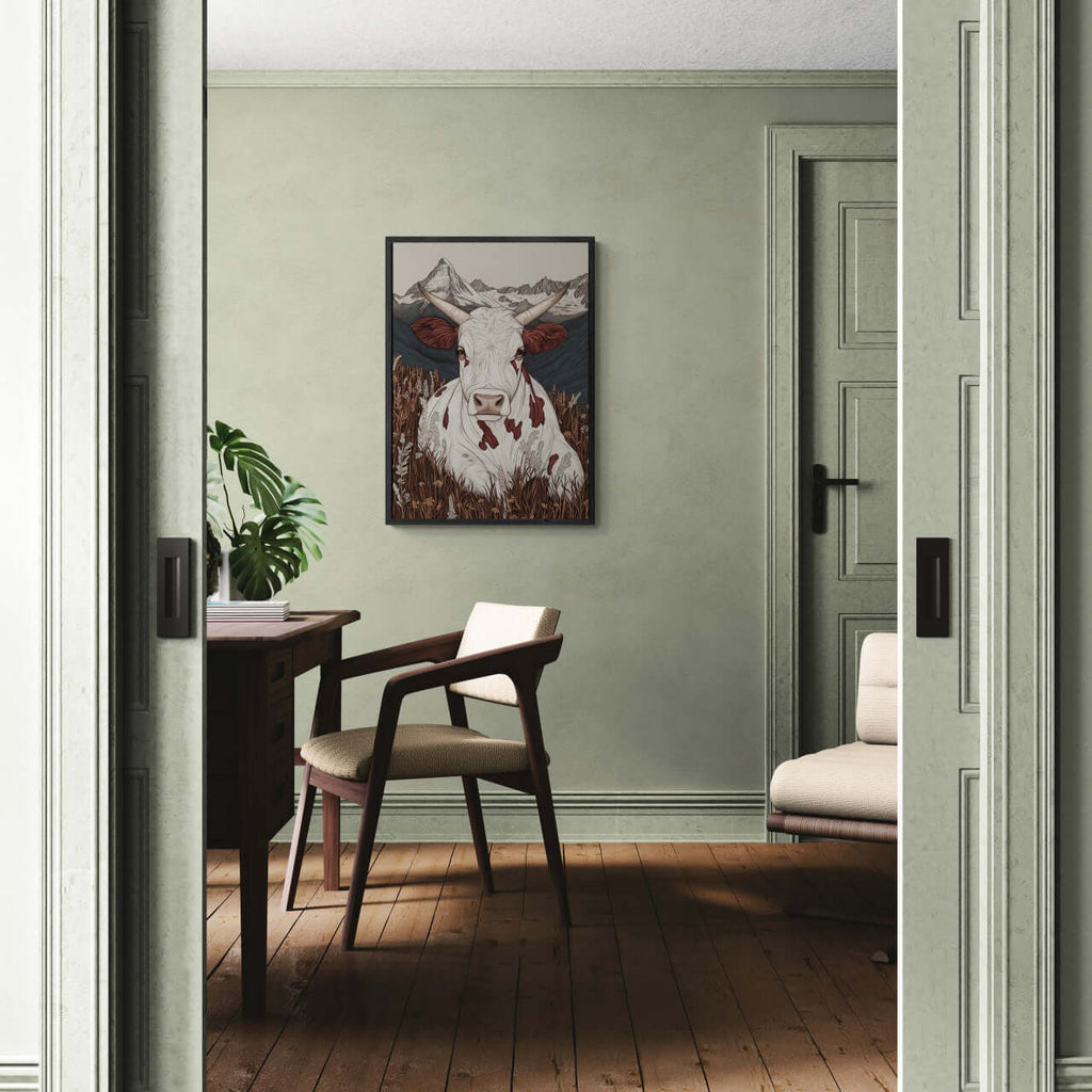 Zermatt’s Mountain Muse - Poster displayed in a cozy living space with a chair and desk, showcasing alpine charm.