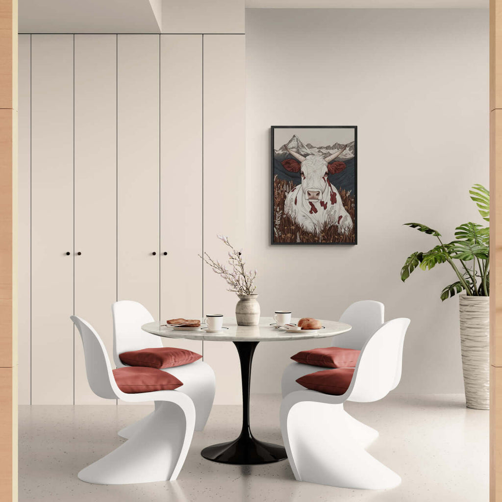 Zermatt’s Mountain Muse - Poster displayed in a modern dining area with stylish chairs and table.