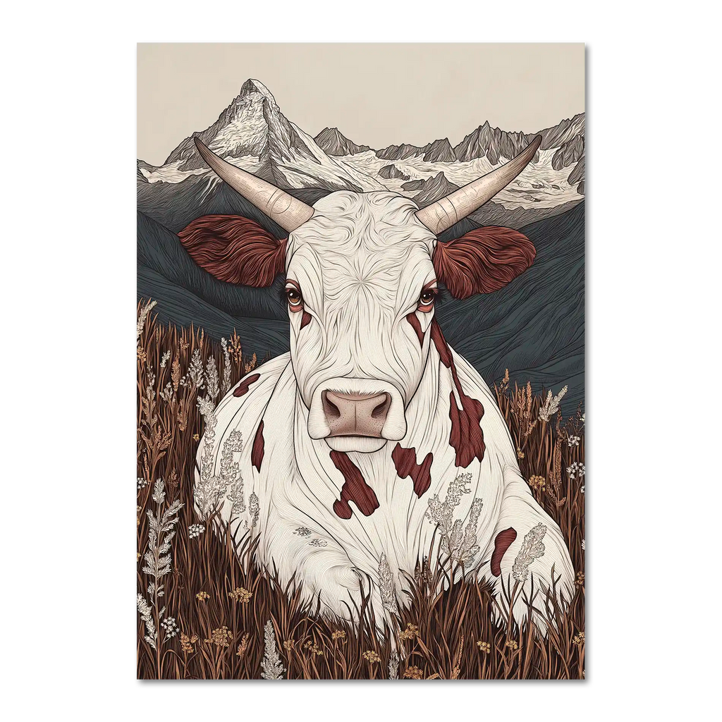 Zermatt’s Mountain Muse - Poster featuring a serene alpine cow in a wildflower meadow with the Matterhorn in the background.