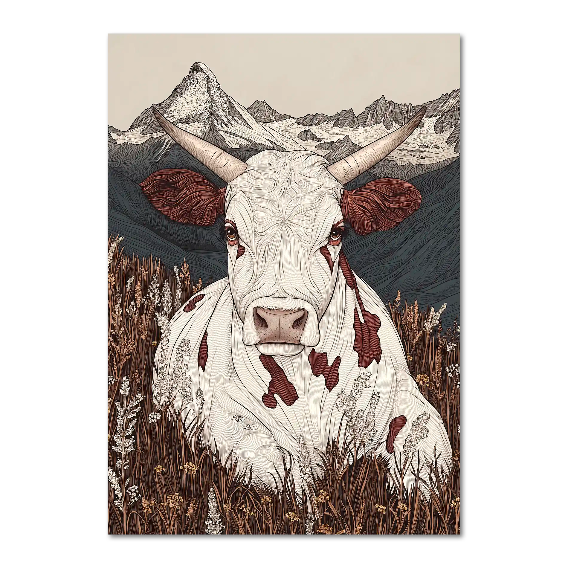 Zermatt’s Mountain Muse - Poster featuring a serene alpine cow in a wildflower meadow with the Matterhorn in the background.