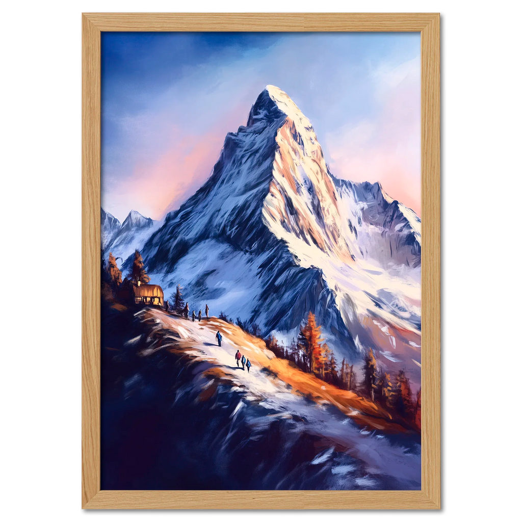 Zermatt’s Trail of Light - Poster featuring hikers on a snow-covered trail with the Matterhorn at sunrise.