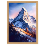 Zermatt’s Trail of Light - Poster featuring hikers on a snow-covered trail with the Matterhorn at sunrise.