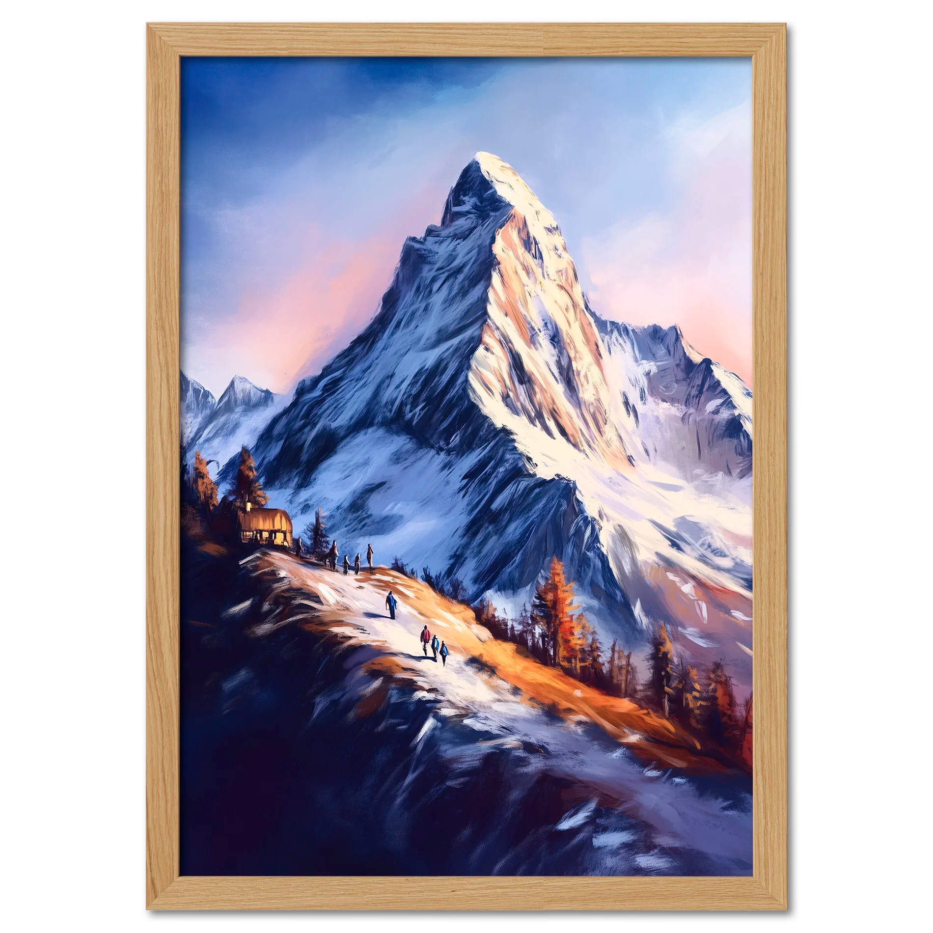 Zermatt’s Trail of Light - Poster featuring hikers on a snow-covered trail with the Matterhorn at sunrise.