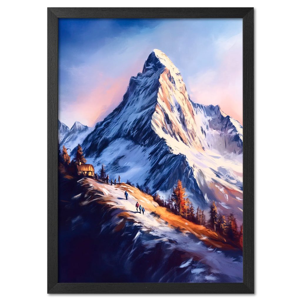 Zermatt’s Trail of Light - Poster featuring a glowing sunrise over the Matterhorn and hikers on a snowy trail.