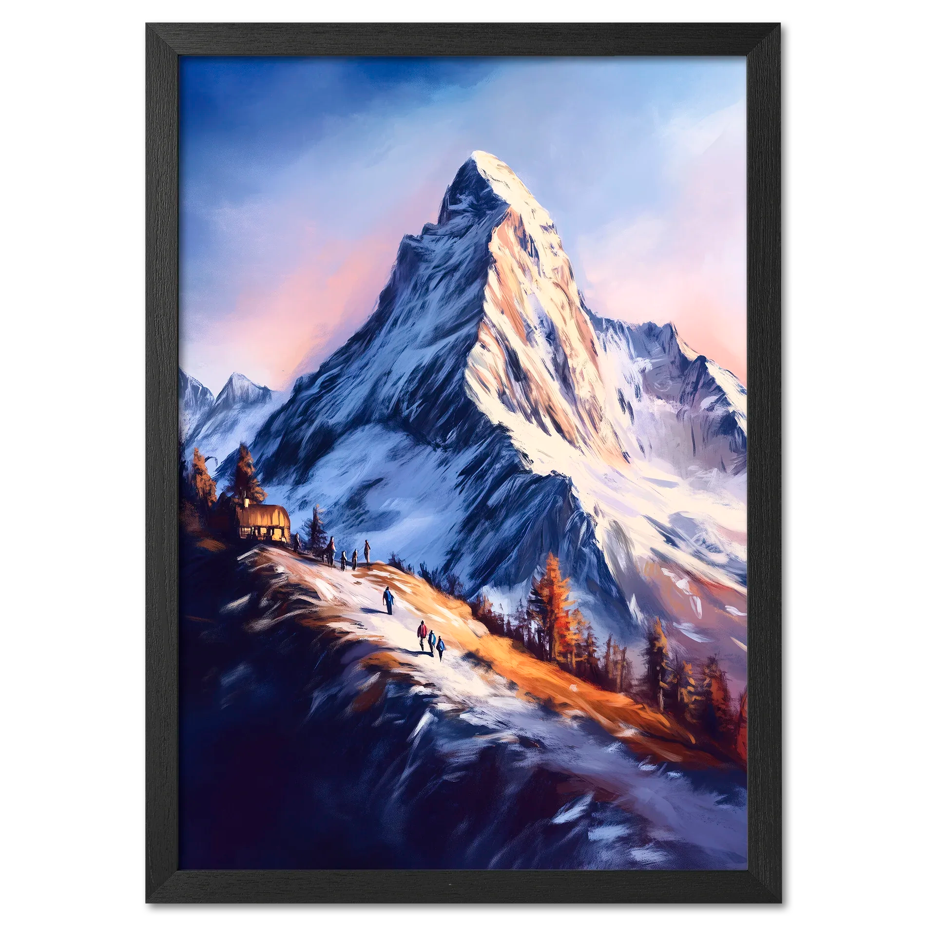 Zermatt’s Trail of Light - Poster featuring a glowing sunrise over the Matterhorn and hikers on a snowy trail.