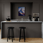 Zermatt’s Trail of Light - Poster displayed in a modern kitchen with minimalist decor and black stools.