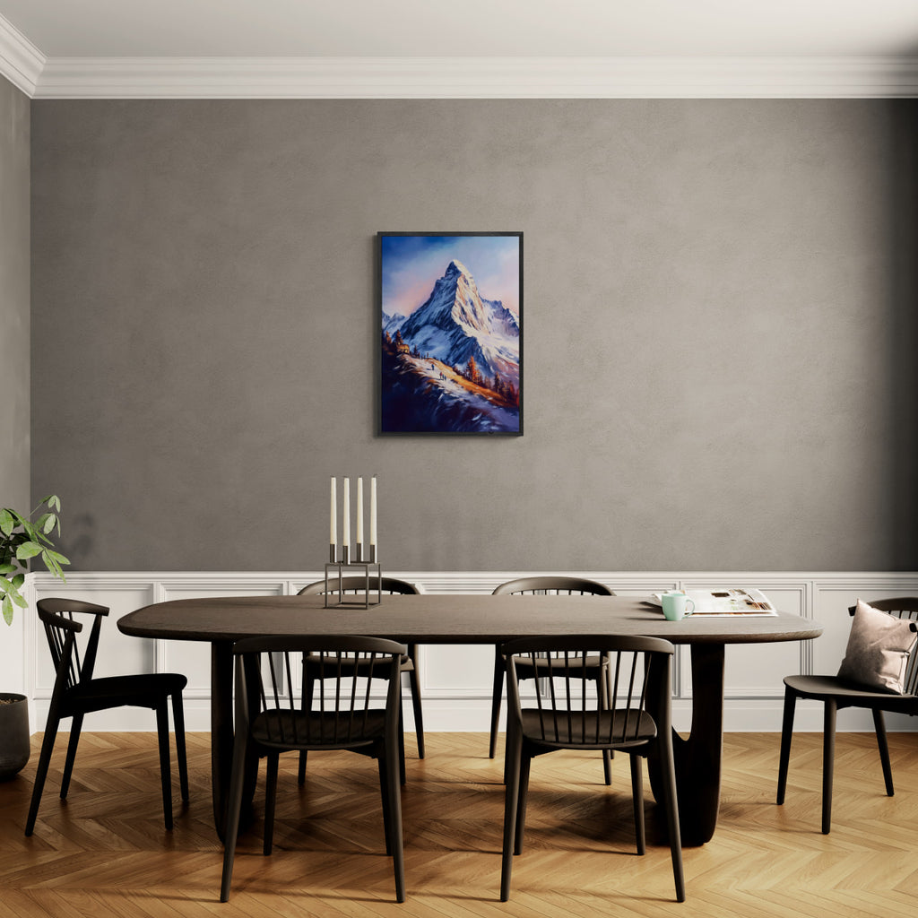 Zermatt’s Trail of Light - Poster displayed in modern dining room with a large wooden table and black chairs.