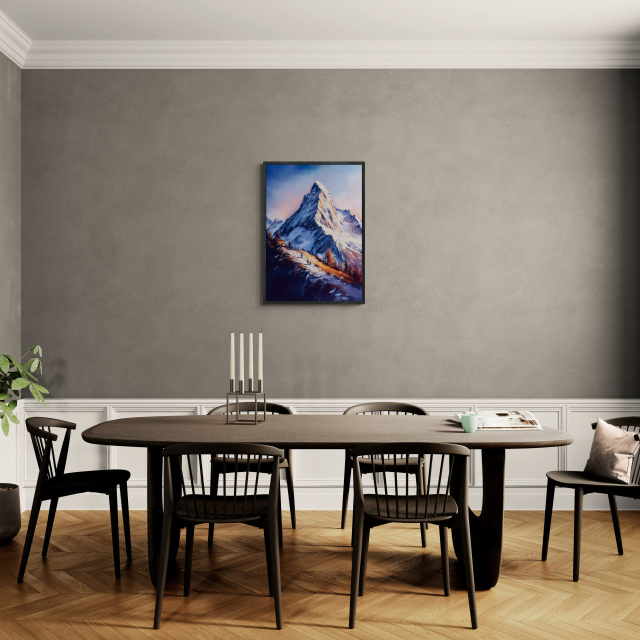 Zermatt’s Trail of Light - Poster displayed in modern dining room with a large wooden table and black chairs.