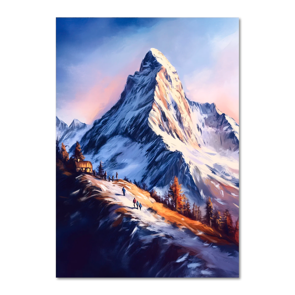 Zermatt’s Trail of Light - Poster showcasing the Matterhorn at sunrise with hikers on a snow-covered trail.