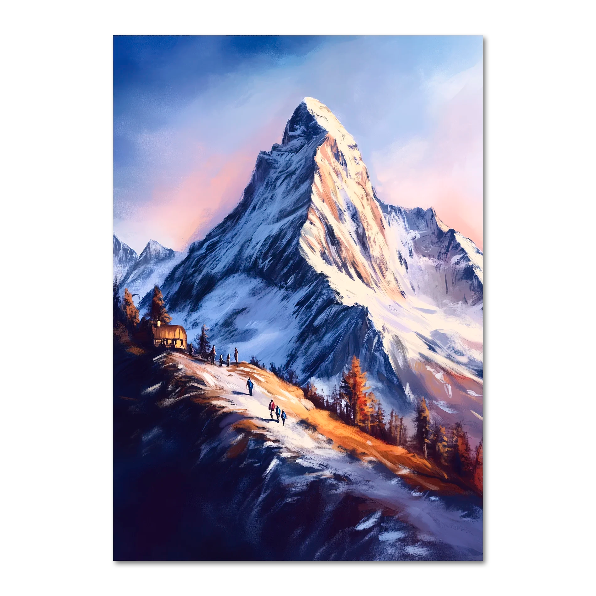 Zermatt’s Trail of Light - Poster showcasing the Matterhorn at sunrise with hikers on a snow-covered trail.