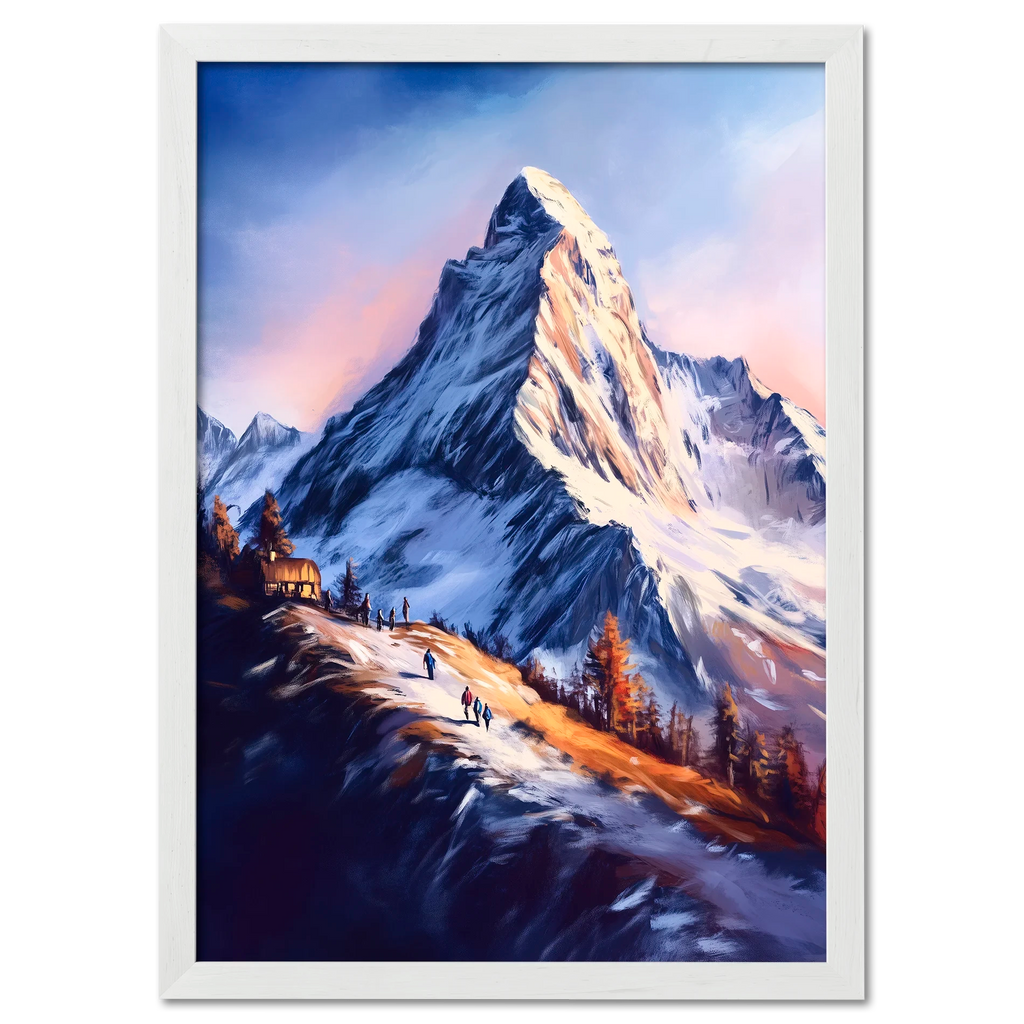 Zermatt’s Trail of Light - Poster depicting hikers ascending a snow-covered trail with the Matterhorn at sunrise.