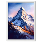 Zermatt’s Trail of Light - Poster depicting hikers ascending a snow-covered trail with the Matterhorn at sunrise.