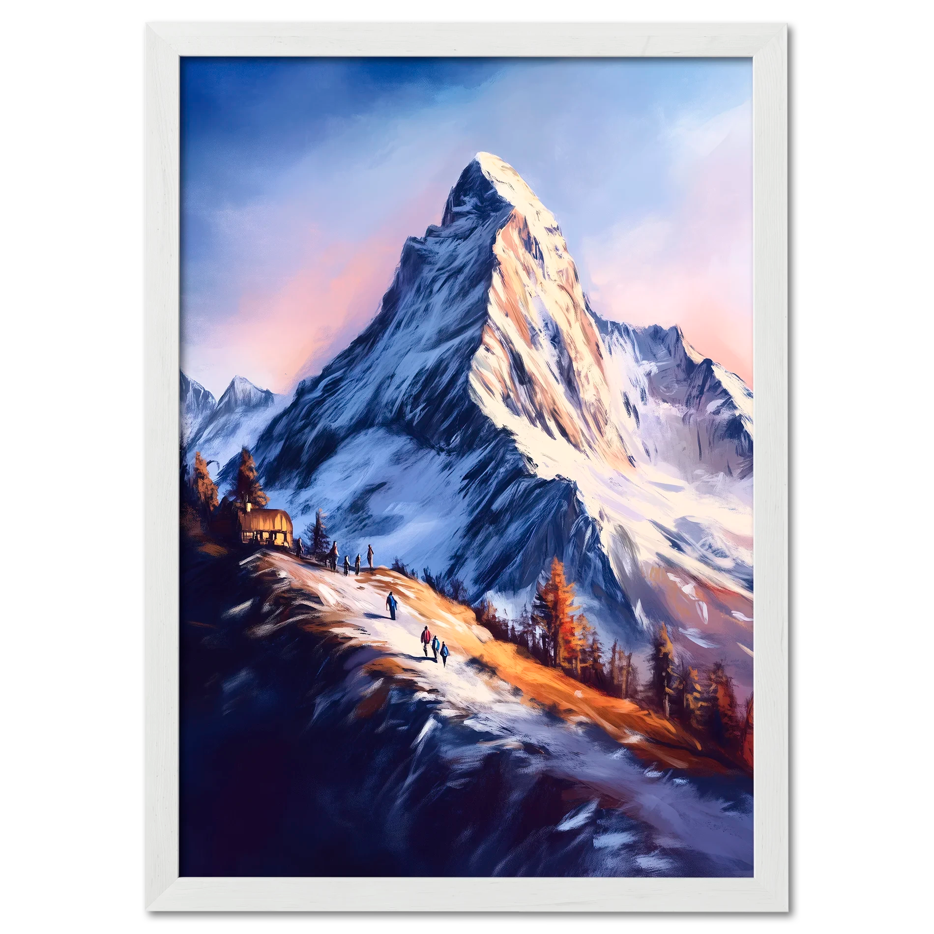 Zermatt’s Trail of Light - Poster depicting hikers ascending a snow-covered trail with the Matterhorn at sunrise.