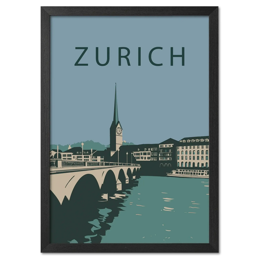 Zurich city - Poster featuring a graphic representation of Zurich's skyline with the bridge and church tower.