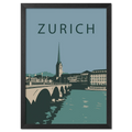 Zurich city - Poster featuring a graphic representation of Zurich's skyline with the bridge and church tower.