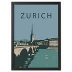 Zurich city - Poster featuring a graphic representation of Zurich's skyline with the bridge and church tower.