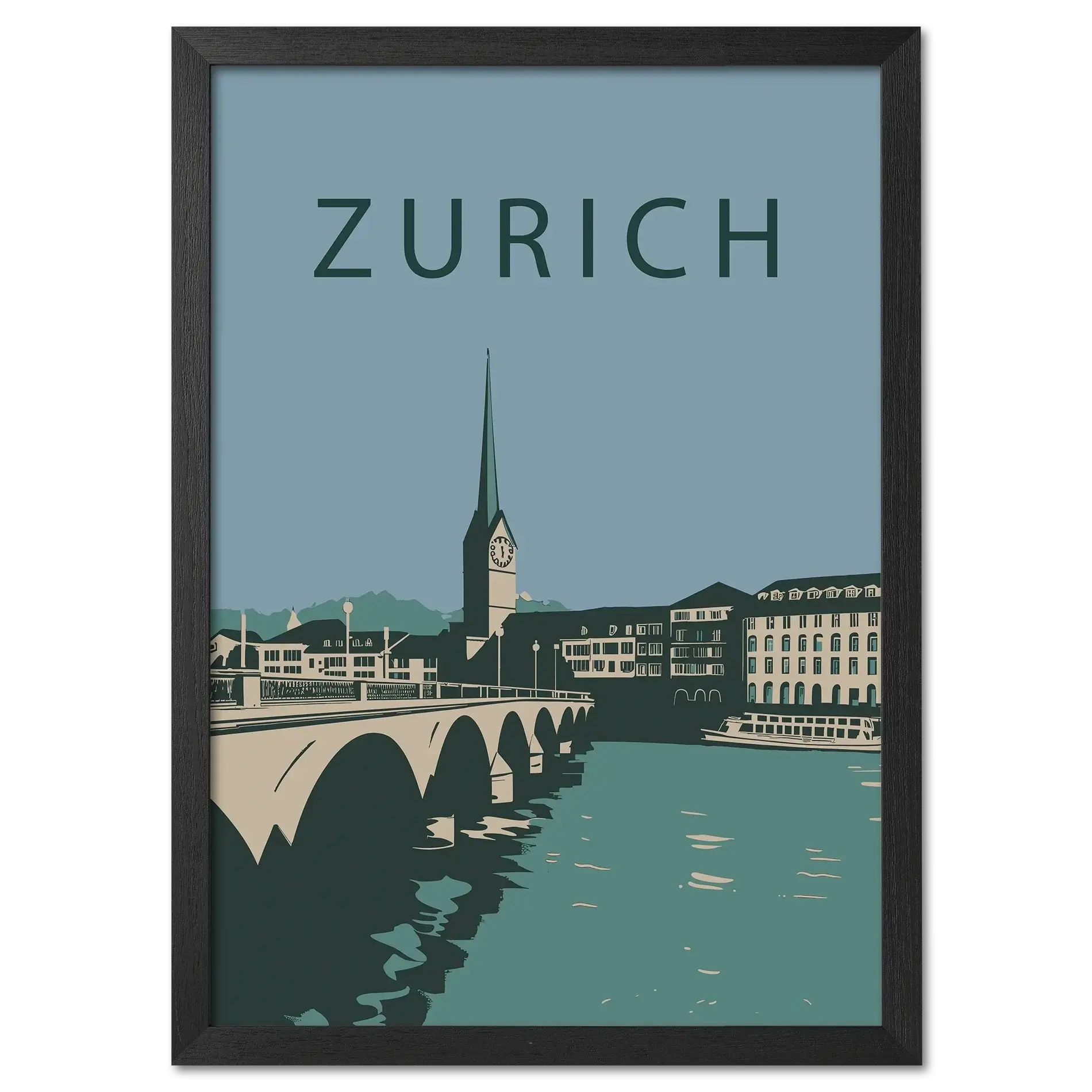 Zurich city - Poster featuring a graphic representation of Zurich's skyline with the bridge and church tower.