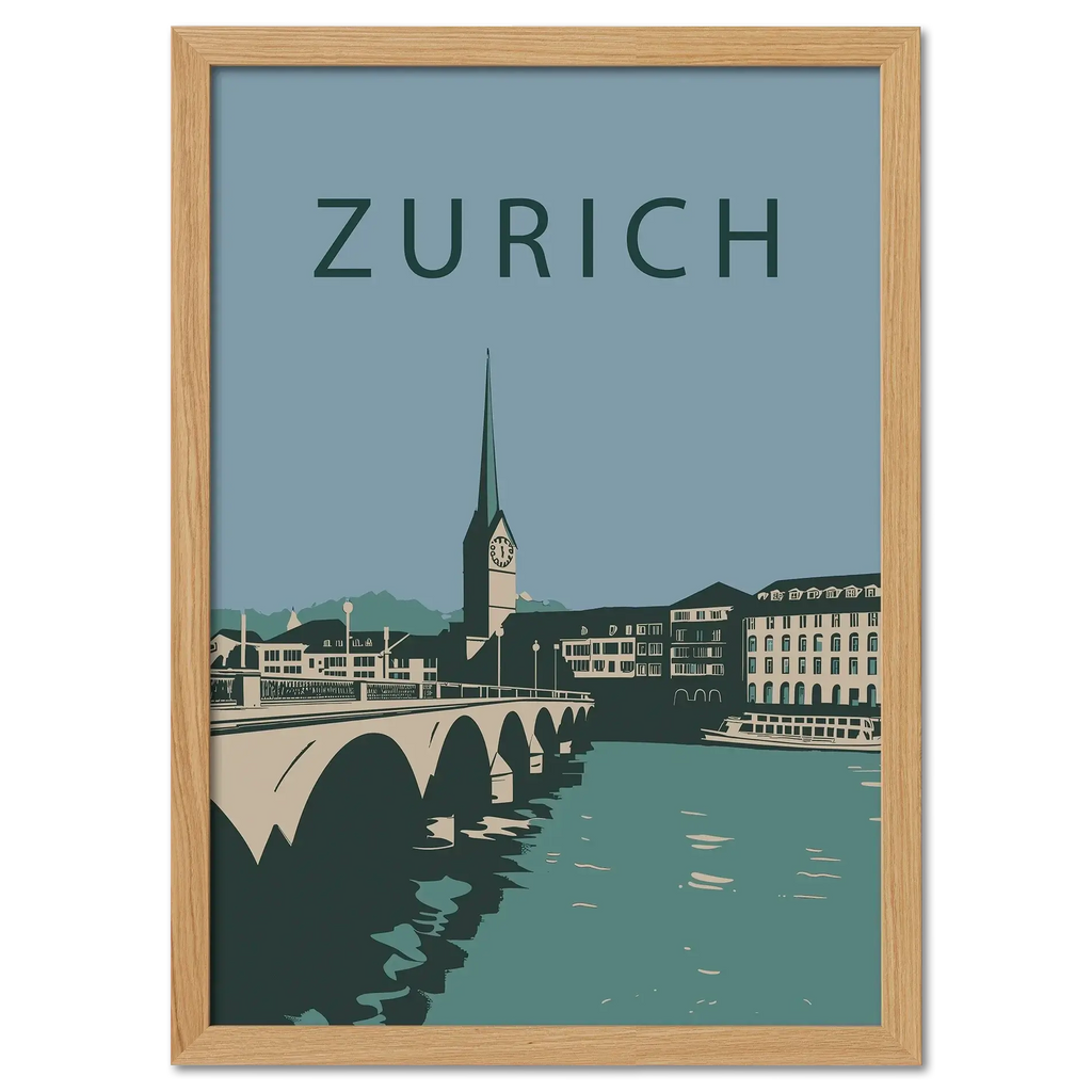 Zurich city - Poster featuring a serene cityscape with an arched bridge and St. Peter’s Church spire.