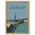 Zurich city - Poster featuring a serene cityscape with an arched bridge and St. Peter’s Church spire.