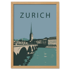 Zurich city - Poster featuring a serene cityscape with an arched bridge and St. Peter’s Church spire.