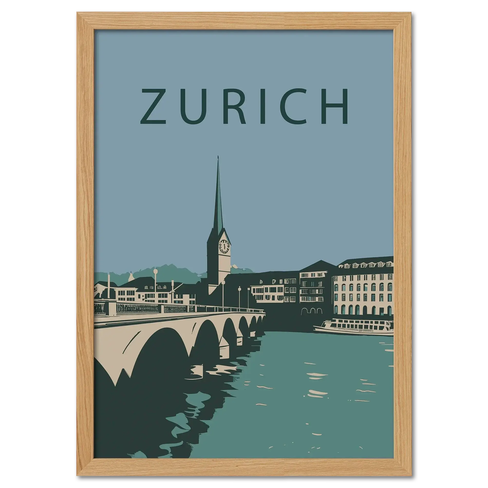 Zurich city - Poster featuring a serene cityscape with an arched bridge and St. Peter’s Church spire.