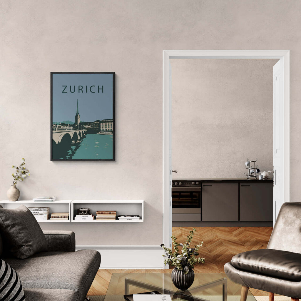 Zurich city - Poster displayed in a modern living room, showcasing Zurich’s skyline and serene urban design.